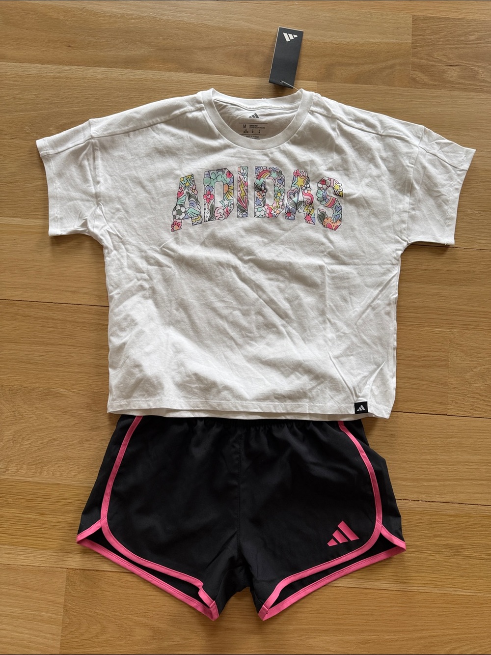 adidas White Tee with Floral Logo & Black Shorts with Pink Trim